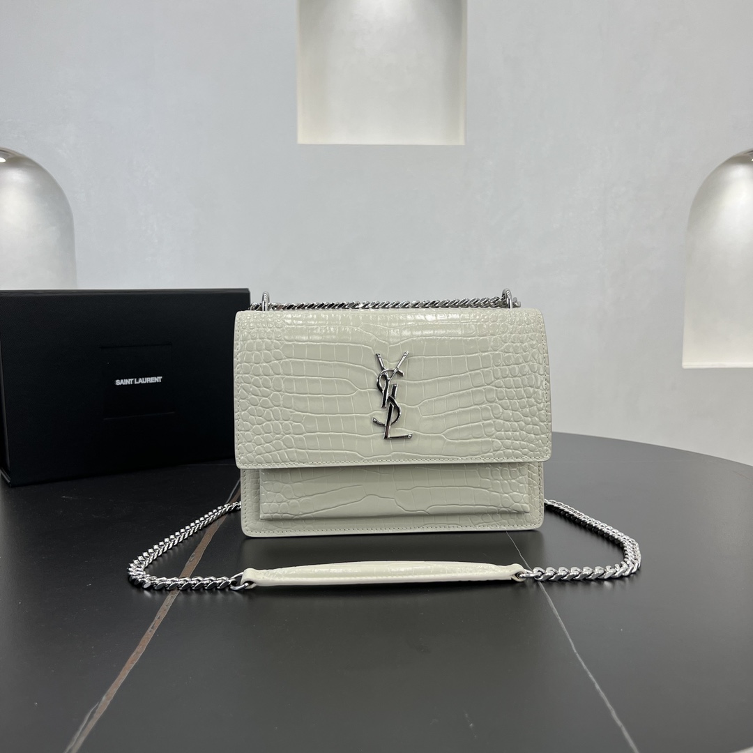 Saint Laurent Sunset Crocodile Embossed Calfskin Handbag Shoulder Bag White 442906 Silver